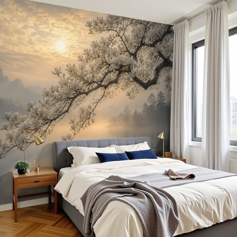 Papier peint adhésif auto-adhésif moderne pour la chambre à coucher avec des fleurs de magnolia, lac tranquille au lever du soleil
