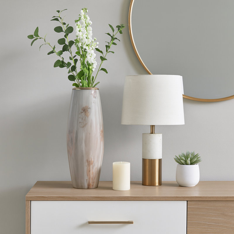Jocelyn Modern Textured Tall Glass Vase for Home Decor - Decorative Table Flower Vase with Metal Rim for Living Room Styling and Tabletop Display - Tan