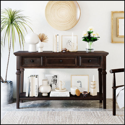 Console de style rétro classique avec trois tiroirs supérieurs et une tablette inférieure ouverte, facile à assembler (espresso)
