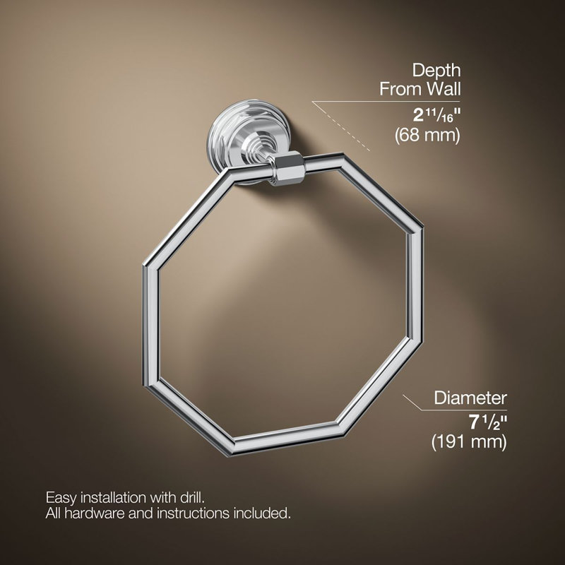 Pinstripe Wall Mounted Towel Ring, Polished Chrome