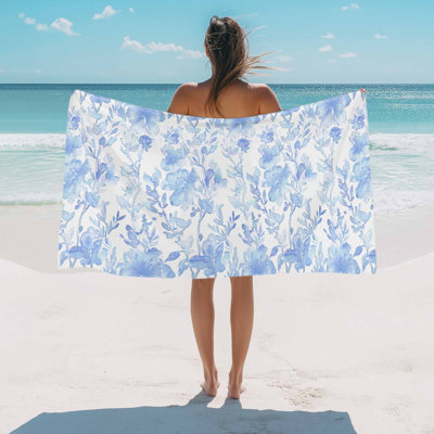 Serviette de plage à motif floral aquarelle, serviette de bain/piscine bleue, absorbante, douce, grande, à séchage rapide, légère, idéale pour le camping, les voyages, le sport (yoga, gym, natation), pour adulte (89 x 178 cm).