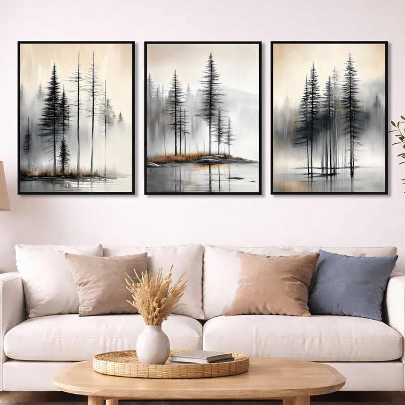 Décoration murale 3 pièces «Misty Summer Pines - Beige Pine», H 32 po x l 72 po, Cadre flottant noir