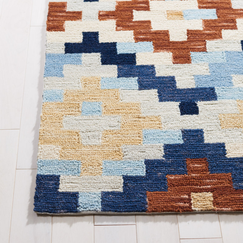 Tapis crocheté à la main à carreaux en laine Aalyah, Rectangle 1 pi 8 po x 2 pi 6 po