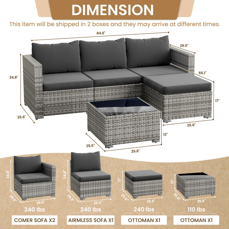Ensemble de conversation d'extérieur pour 4 personnes avec coussins Aadrith, Gris