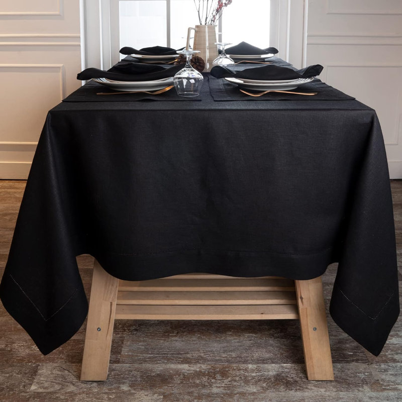 D'Moksha Homes Classic Hemstitch Linen Tablecloth, 90" L x 60" W, Black