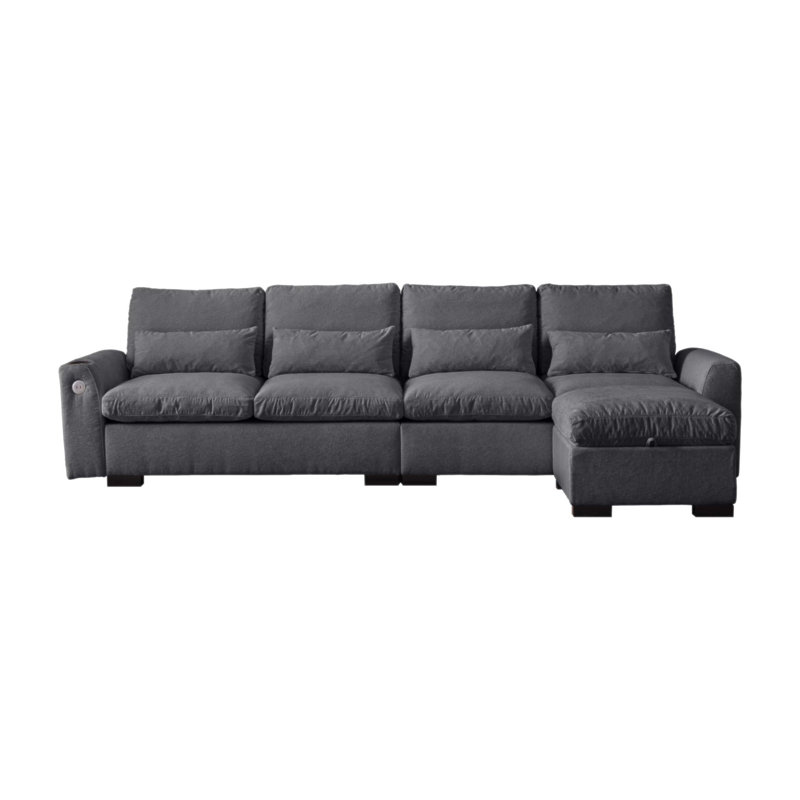 Modern Modular L Shaped Chenille Sofa With Reversible Ottoman, Storage, Removable Washable Cushions, USB Ports & Cup Holder For Living Room