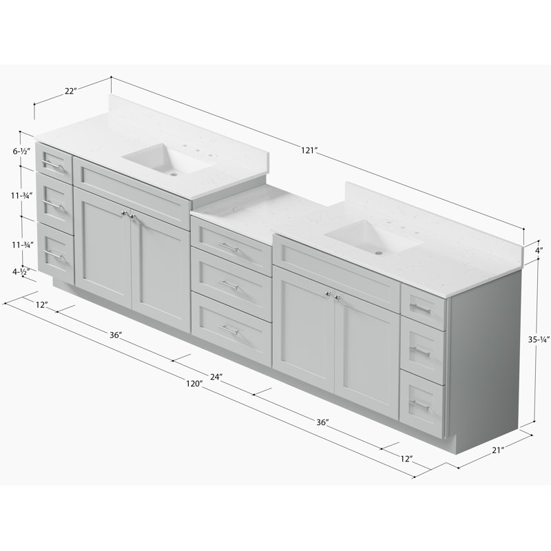 Meuble-lavabo double 120 po Shaker, 121", Gris