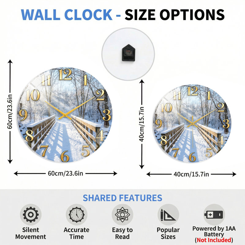 Horloge murale en verre Winter Bridge, 60 x 60 cm (23,6 x 23,6 pouces)