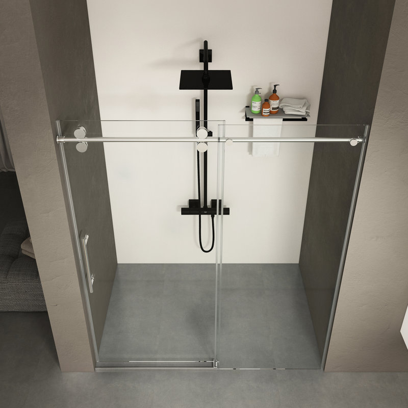 Porte de douche coulissante de 70 po h avec verre trempé de 8 mm, revêtement double face, finition et cadre en acier inoxydable anticorrosion, largeur réglable, lisse et silencieuse 56 po x l 5/16 po (8 mm), facile à nettoyer,