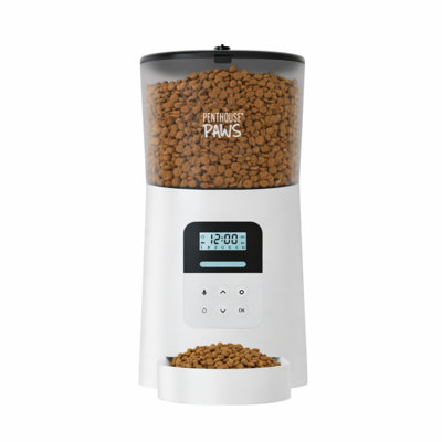 Mangeoire pour chat Penthouse Paws avec écran ACL, rangement verrouillable, anti-bourrage, appel de repas, batterie de secours, bol en acier inoxydable, jusqu'à 15 repas quotidiens, plateau simple de 6 L pour chat et chien, blanc