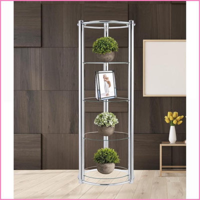 Triangle Display Shelf with 5 Shelves, Tempered Glass &amp; Chrome Frame | Modern | Chrome,Glass