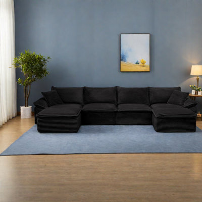 Canapés modulaires à compression, canapé nuage en velours côtelé noir 144 pouces, maison familiale moderne