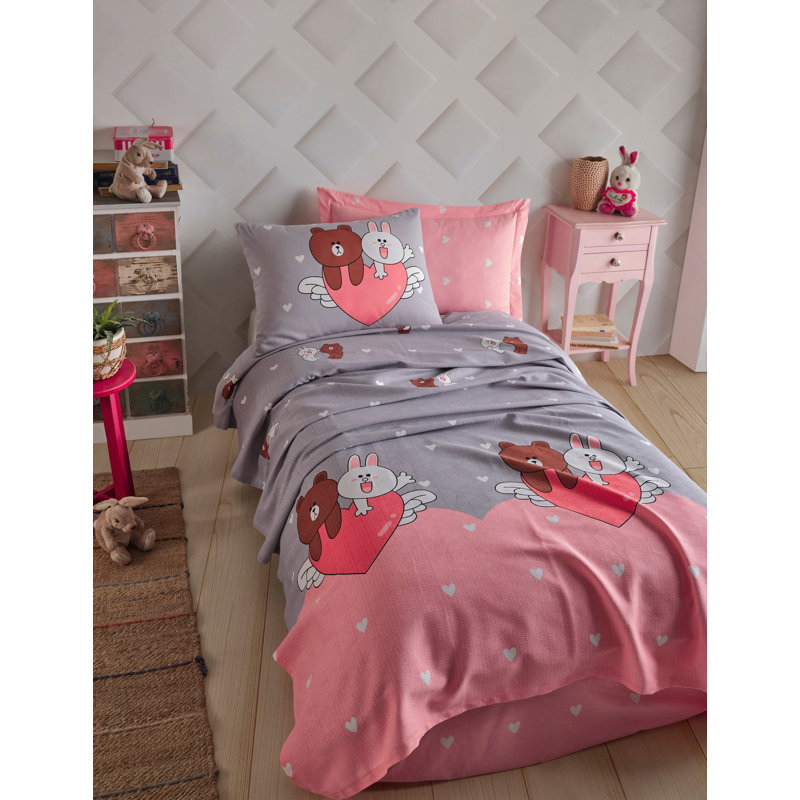Ensemble de housse de couette 100% coton 3 pièces gris / rose / blanc