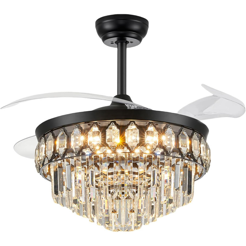 42'' Fandelier Ceiling Fan With Light, Retractable Ceiling Fan With Lights Chandelier Fan For Bedroom, Living Room, LED Dimmable, 3 Color, 6 Wind Speed-Black