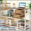 Bureau de bureau en L de 55 pouces avec élévateur de moniteur, tiroirs et tablettes de rangement, bureau d'ordinateur de coin pour les petits espaces, table d'écriture de style maison de campagne