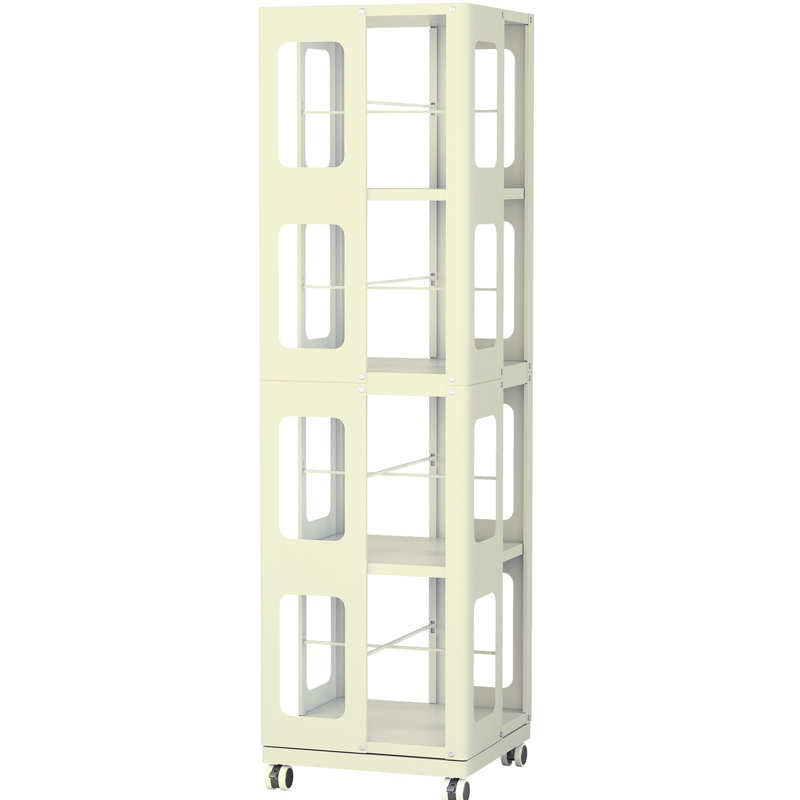 4 All Rotating Bookshelf With 360 Wheels, New Style Yellow, Spacious, Arc-Shaped Corners, Saves Office Space White Book Rack, Adjustable Shelf, Smooth Rotation, Protects Fingers