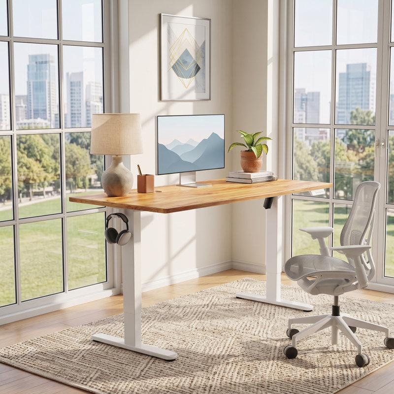 Bureau assis-debout électrique réglable en hauteur (122 cm L x 76 cm P), bureau monobloc en bois avec 4 positions de mémoire, bureau de jeu et bureau d'angle avec gestion des câbles, contrôleur de mémoire et crochets, style vintage léger.