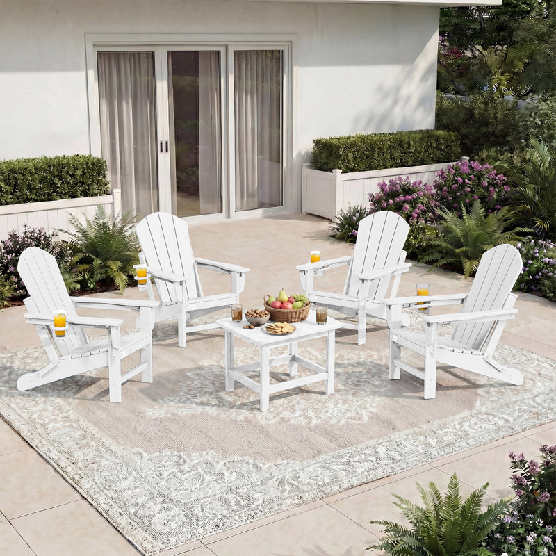 Set of 4 Adjustable Adirondack Chairs, 3-Level Wooden Textured HDPE Folding Chairs with Cup Holders for Outdoor Use at Beach, Patio, Garden, Backyard, and Campfire, White