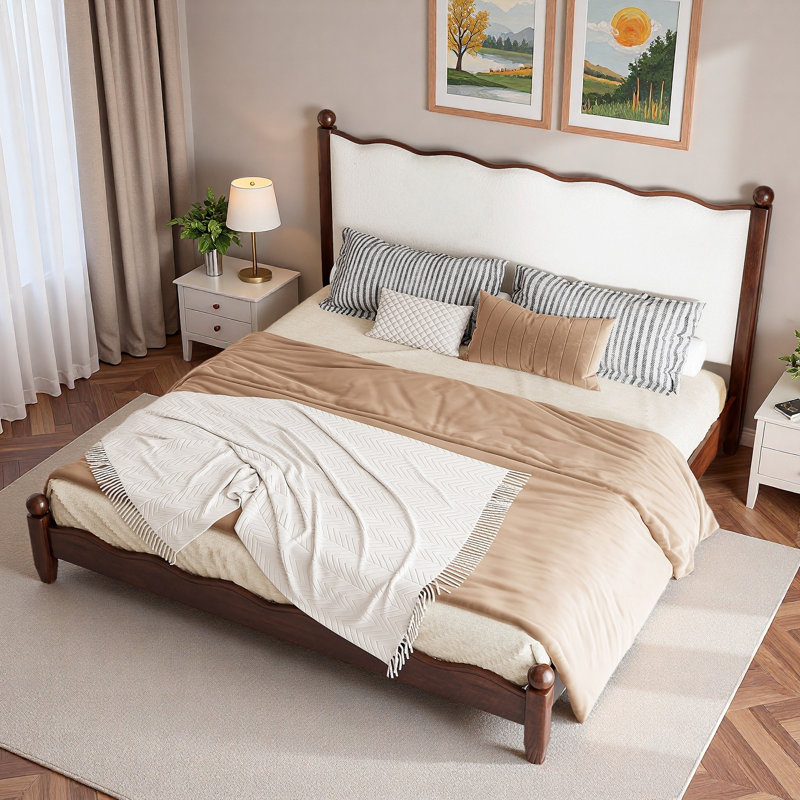 Lit plateforme en bois avec tête de lit tapissier festonnée, Beige/Espresso, Très grand lit