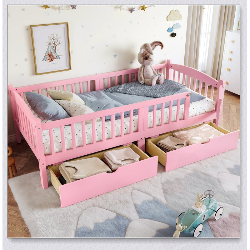Lit plateforme simple TG pour enfants avec garde-corps pleine longueur, tiroirs de rangement et tête de lit mignonne pour la sécurité et l'organisation
