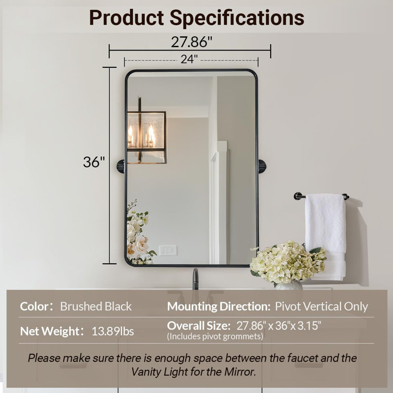 Miroir de salle de bain moderne inclinable, Noir mat, 36 po x 24 po