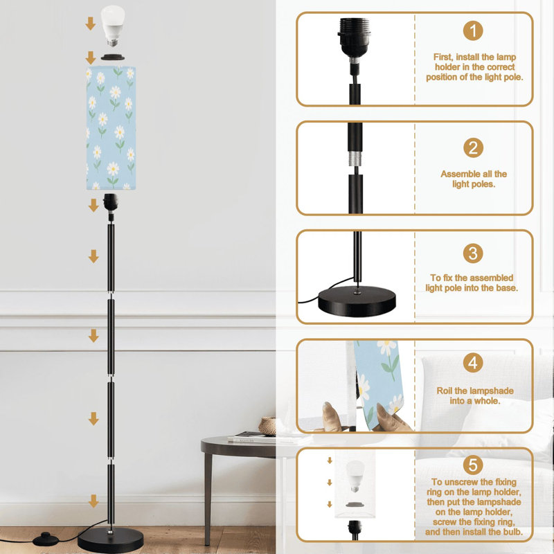 Lampe sur pied avec marguerites blanches, bleu clair, intensité variable, lampe sur pied moderne avec télécommande, pédale, abat-jour, abat-jour, lampe sur pied pour le bureau de la chambre à coucher