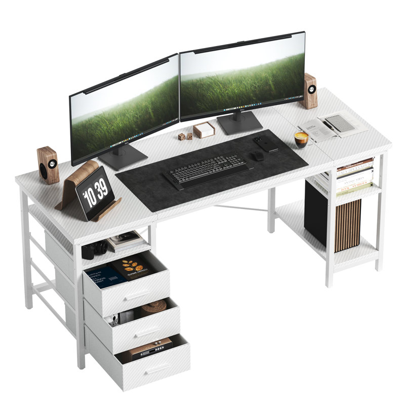 Metal Base Computer Desk,Gaming Desk with 3 Fabric Drawers & Storage Shelves, Writing Work Study Desk for Home Office Bedroom, Modern Simple Student PC Desks Table
