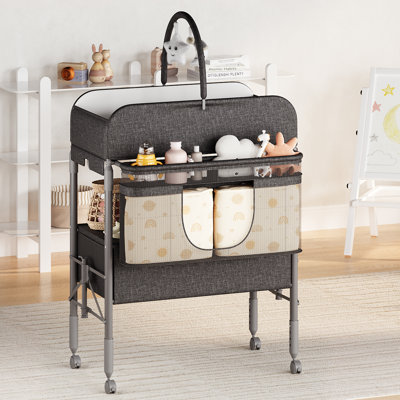 Table à langer réglable en hauteur pour bébé avec roulettes, station à couches pliable avec 2 tiroirs et rangement, organisateur de chambre de bébé mobile avec plateau imperméable pour les nouveau-nés