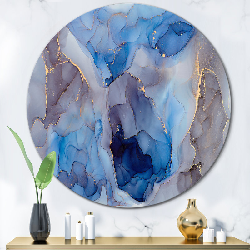 Bleu et gris, art abstrait fluide de luxe III - cercle moderne en métal, art mural, H 36 po x l 36 po x P 1 po