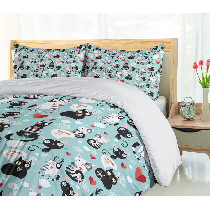 Queen Size Black and White Cat Print Duvet Cover Set