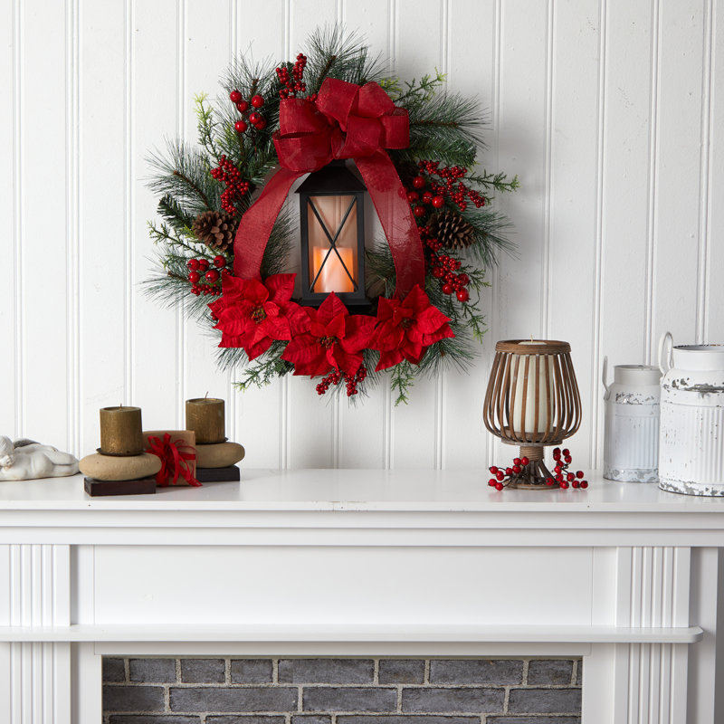 28 " Pre-Lit Berry and Poinsettia Wreath
