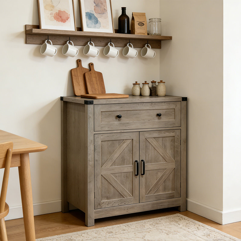 Kitchen Storage Cabinet,Modern Farmhouse Buffet Cabinet With Storage,Coffee Bar With Drawer And 2 Doors, Light Gray