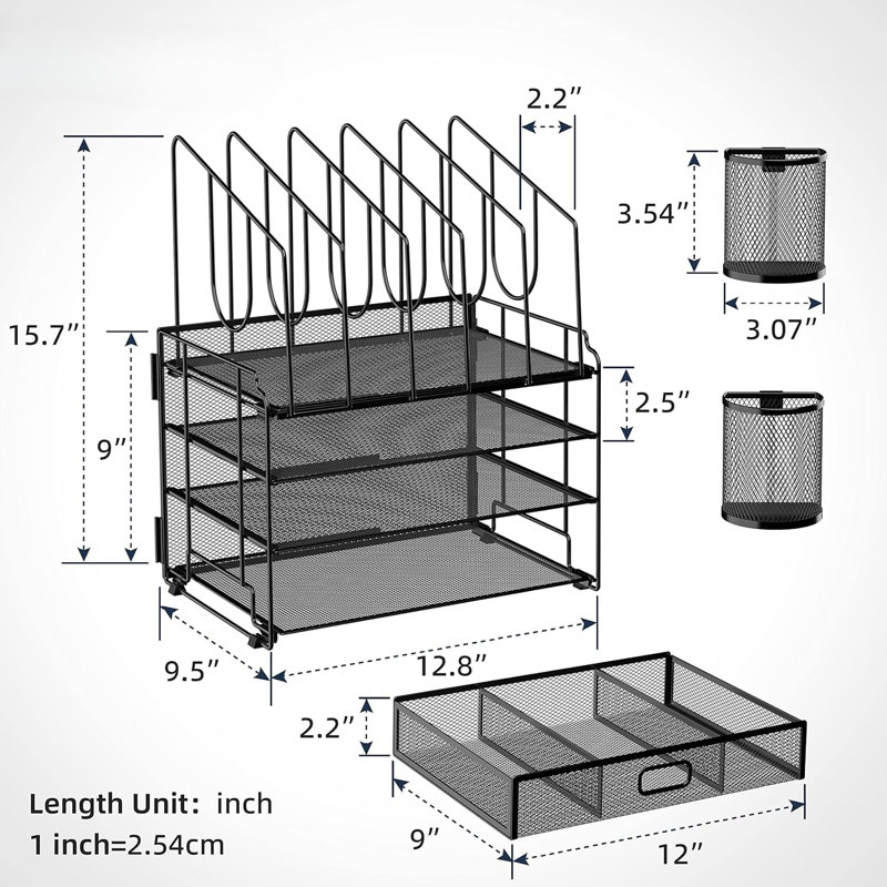 4-Tier Mesh Desk Organizer With Drawer, Desktop Organizer With 5 Vertical File Holders And 2 Pen Holders, Black