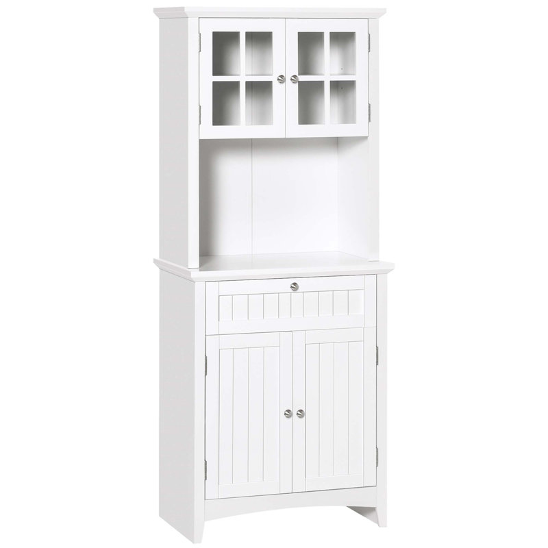 Elegant Buffet With Hutch, Kitchen Pantry Storage Cabinet With Framed Glass Door, Drawer, And Microwave Space, White