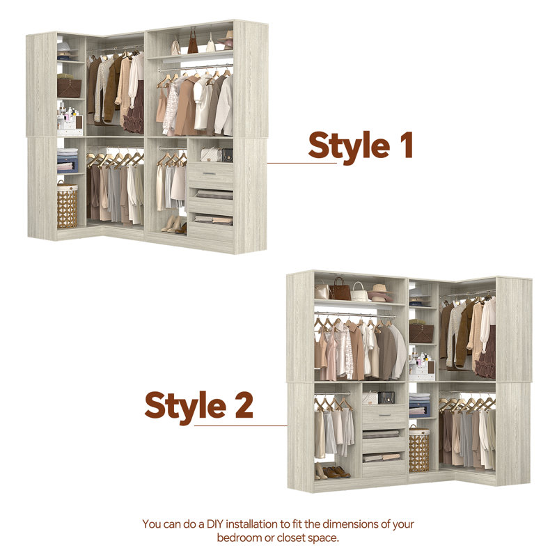 Système d'organisation 72 po avec 3 tiroirs, 3 tiges longues et 1 tringle courte, Bois de chêne