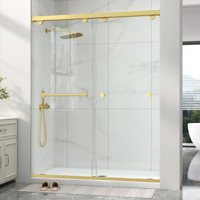 Porte de douche à double cadre coulissante 49 "à 54" x H 76 "en or brossé avec verre trempé transparent 5/16", coussin à fermeture en douceur