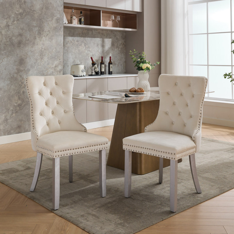 Chaises capitonnées Allena , Argent, Velours beige, 2