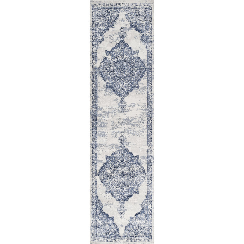 Tapis bleu clair / ivoire Alhambra, Tapis de couloir 2 pi 2 po x 8 pi