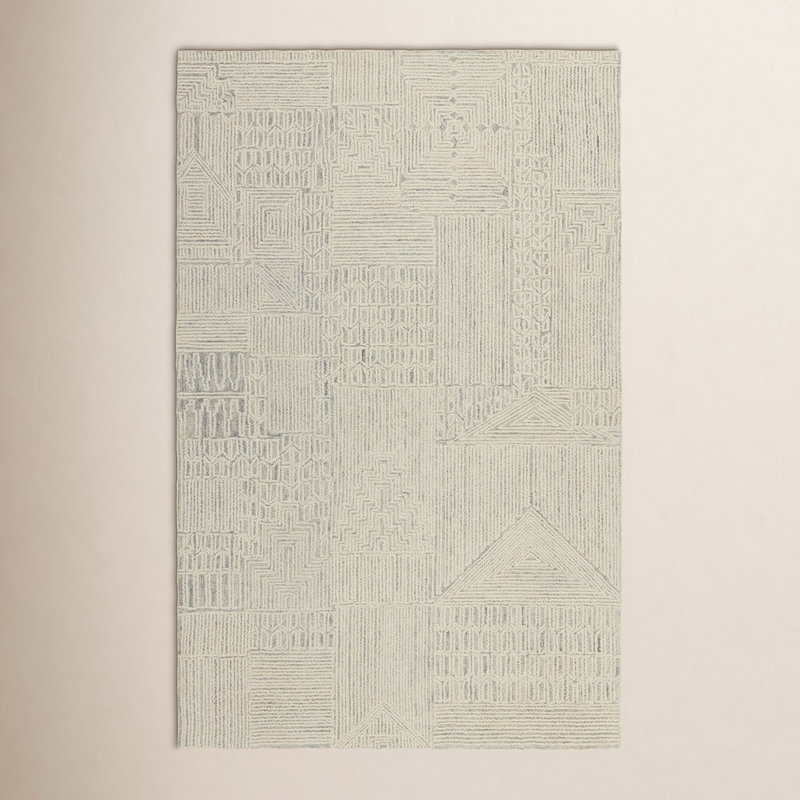 Tapis touffeté à la main à motif géométrique crème / gris clair Alexei, Rectangle 8 pi x 10 pi