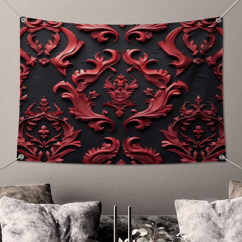 Red Ornate Patterns Wall Tapestry - Ornamentation Wall Decor, 68in H x80in W with 4 Grommets