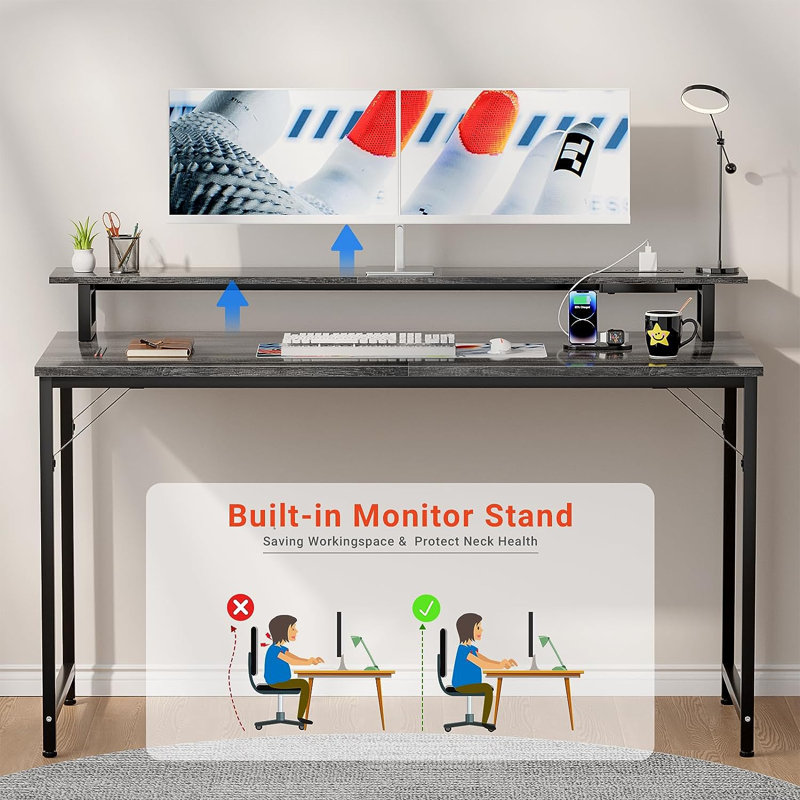 Iancarlo Metal Base Computer Desk with Power Outlet, 33.9" H x 47.3" W x 22.4" D, Oak/Black