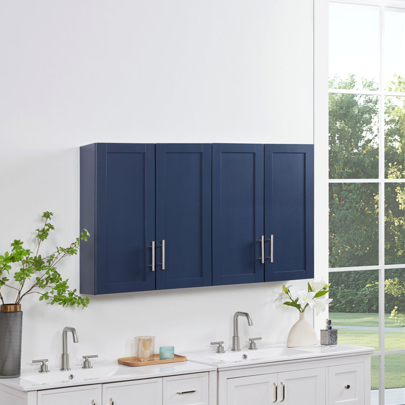 Armoire suspendue en bois avec portes et tablettes, Bleu
