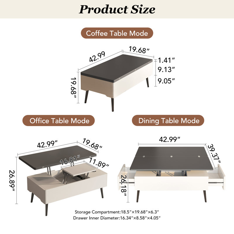 Lift Top Coffee Table With Storage Drawer,Modern Tea Table,3 In 1Center Table