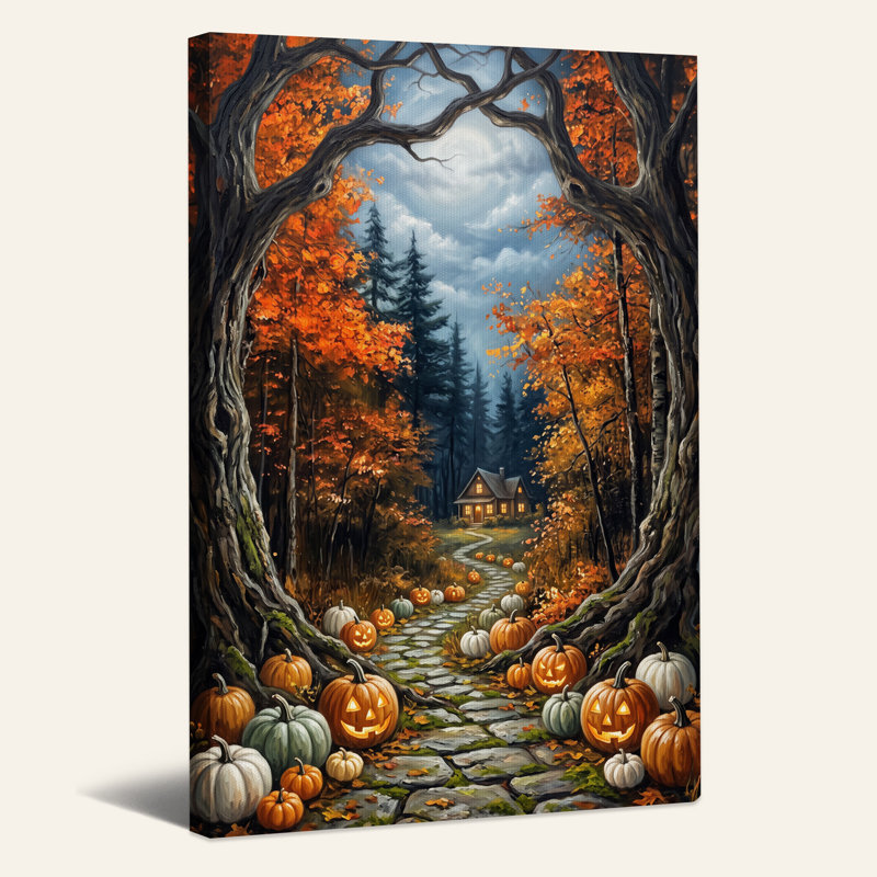 «Glowing Jack O Lanterns on Stone Path Through Halloween», art mural sur toile, H 18 po x l 12 po