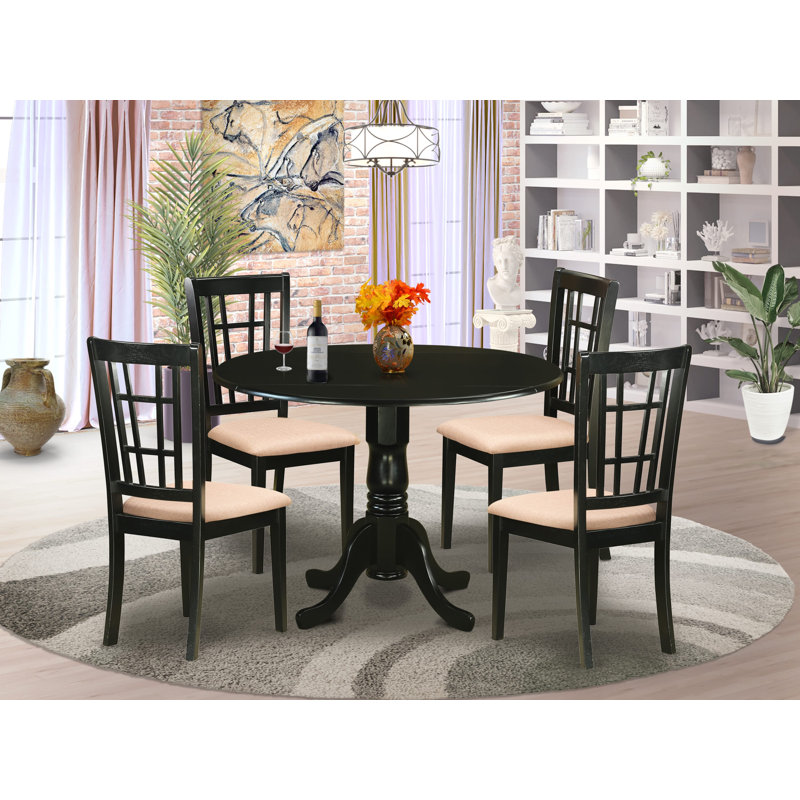 Ensemble de table de salle à manger 5 pièces moderne comprenant une table ronde en bois avec Dropleaf et 4 chaises de cuisine en tissu de lin, 42 x 42 pouces, noir