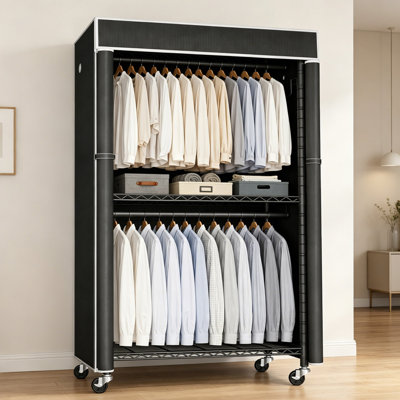 Portant à vêtements autoportant avec housse anti-poussière, garde-robe métallique à une seule barre de suspension avec tablette de rangement, crochets latéraux et roulettes, organisateur de vêtements portatif pour le rangement de la chambre