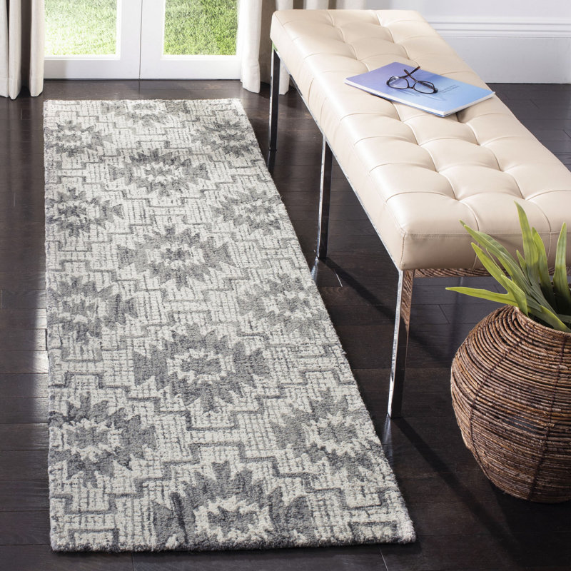Tapis gris en laine touffeté à la main à motif géométrique Tolland, Tapis de couloir 2 pi 3 po x 8 pi