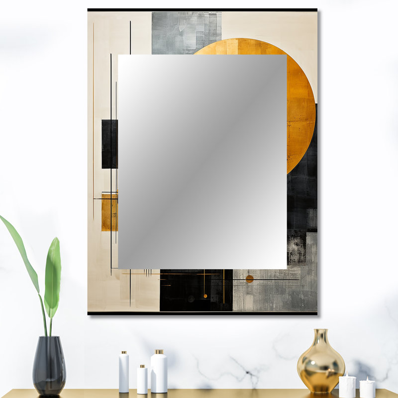 Cerulean Cubism Shapes II - Abstract Shapes Wall Mirror, miroir décoratif doré, impression sur métal, 40 po x 30 po