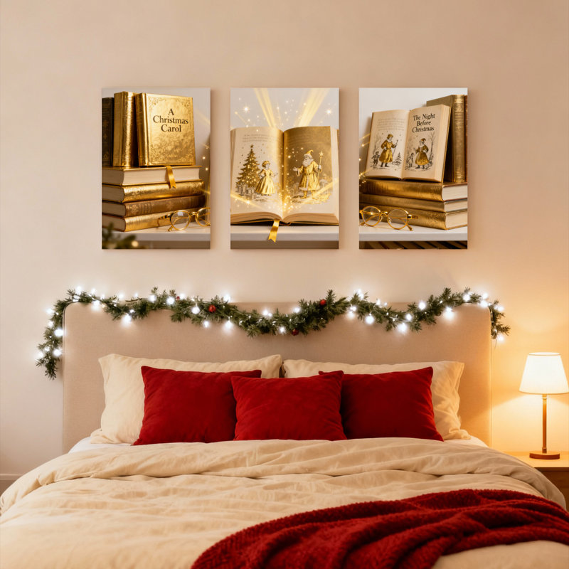 Tableau sur toile « Livres de Noël et lumière magique », thème des fêtes dorées (lot de 3), H 18 po x l 36 po
