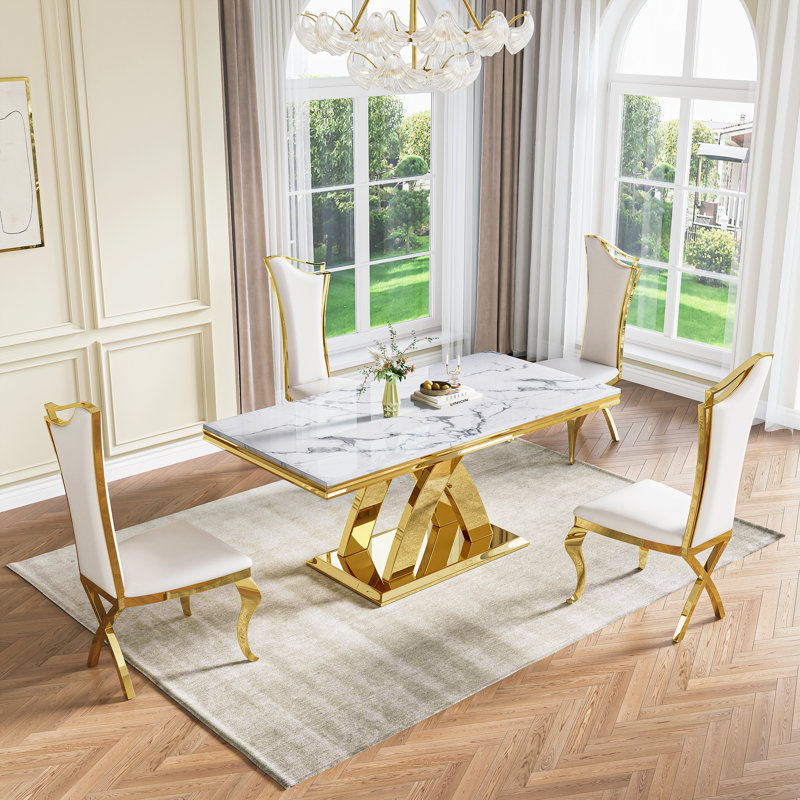 70.08" Rectangular Faux Marble Top Pedestal Dining Set, Gold, 5 Pieces: Table, 4 Chairs